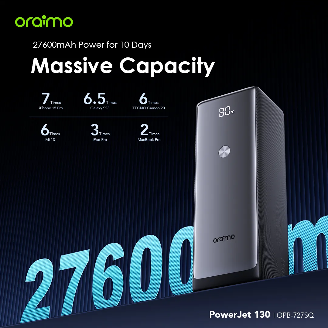 Chargeur portable Oraimo PowerJet 130 — Power Bank 27600mAh | Charge Rapide PC 130W | Livraison Gabon | Kadmarket