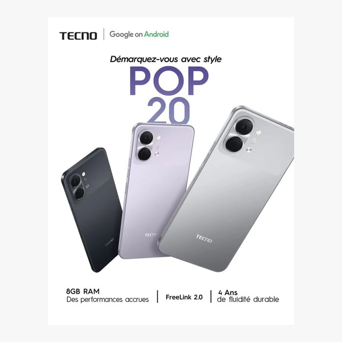 TECNO POP 20 — Batterie 5000mAh | 8Go RAM 128Go | Livraison Gabon | Kadmarket Kadmarket
